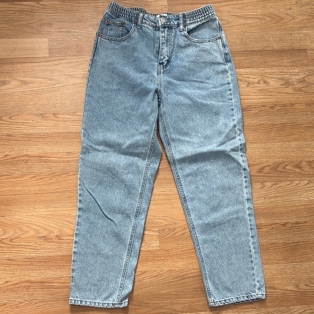 Elastic Waist Mom Jeans High Rise Denim Pants Light Wash‎